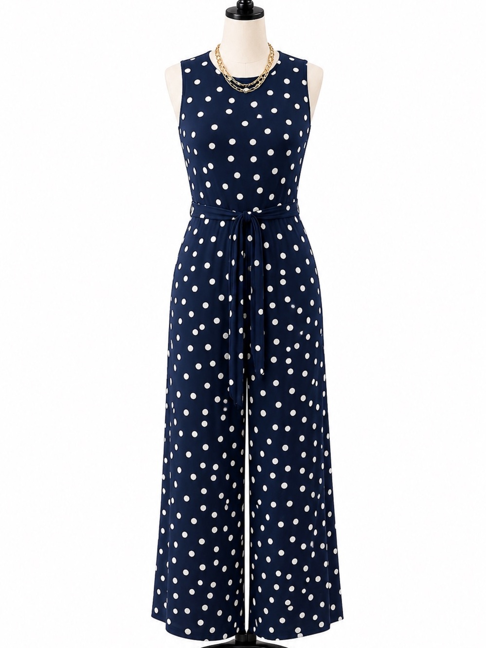 Tommy Hilfiger Navy and White Polka Dot Sleeveless Jumpsuit with Tie Waist